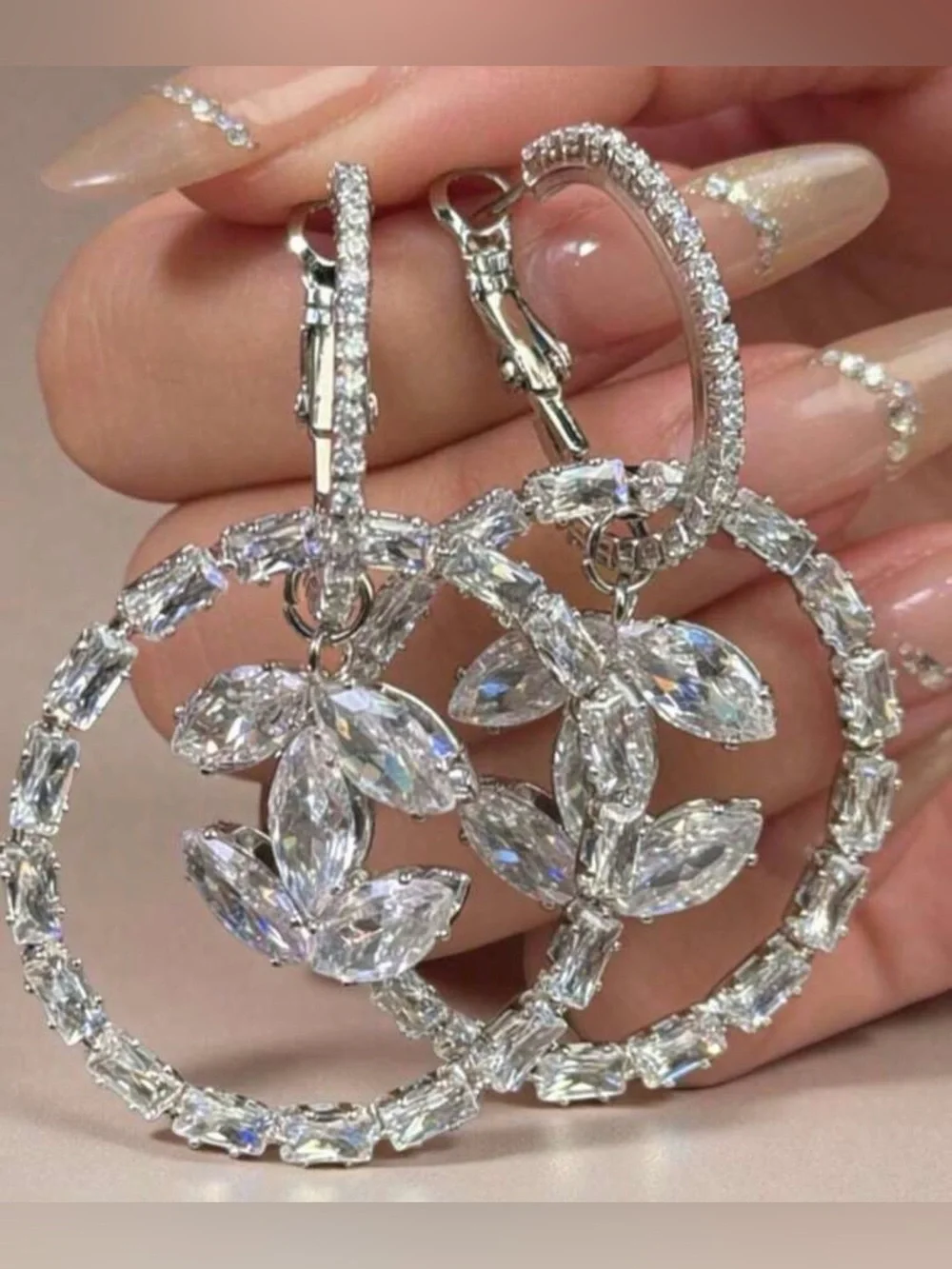 New Silver Crystal Hoop Drop Earrings - Sparkling Marquise Accents